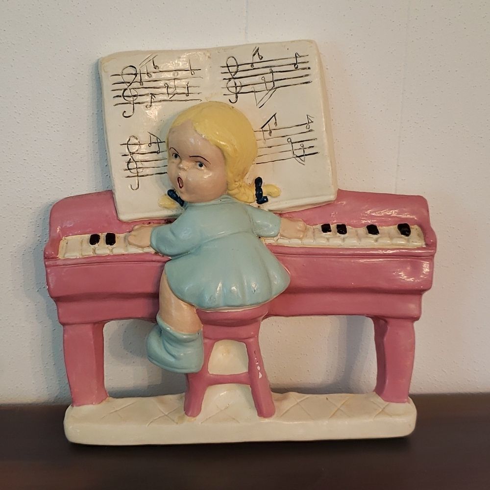 Vintage Chalkware Girl Playing Piano Wall Decor (1951)